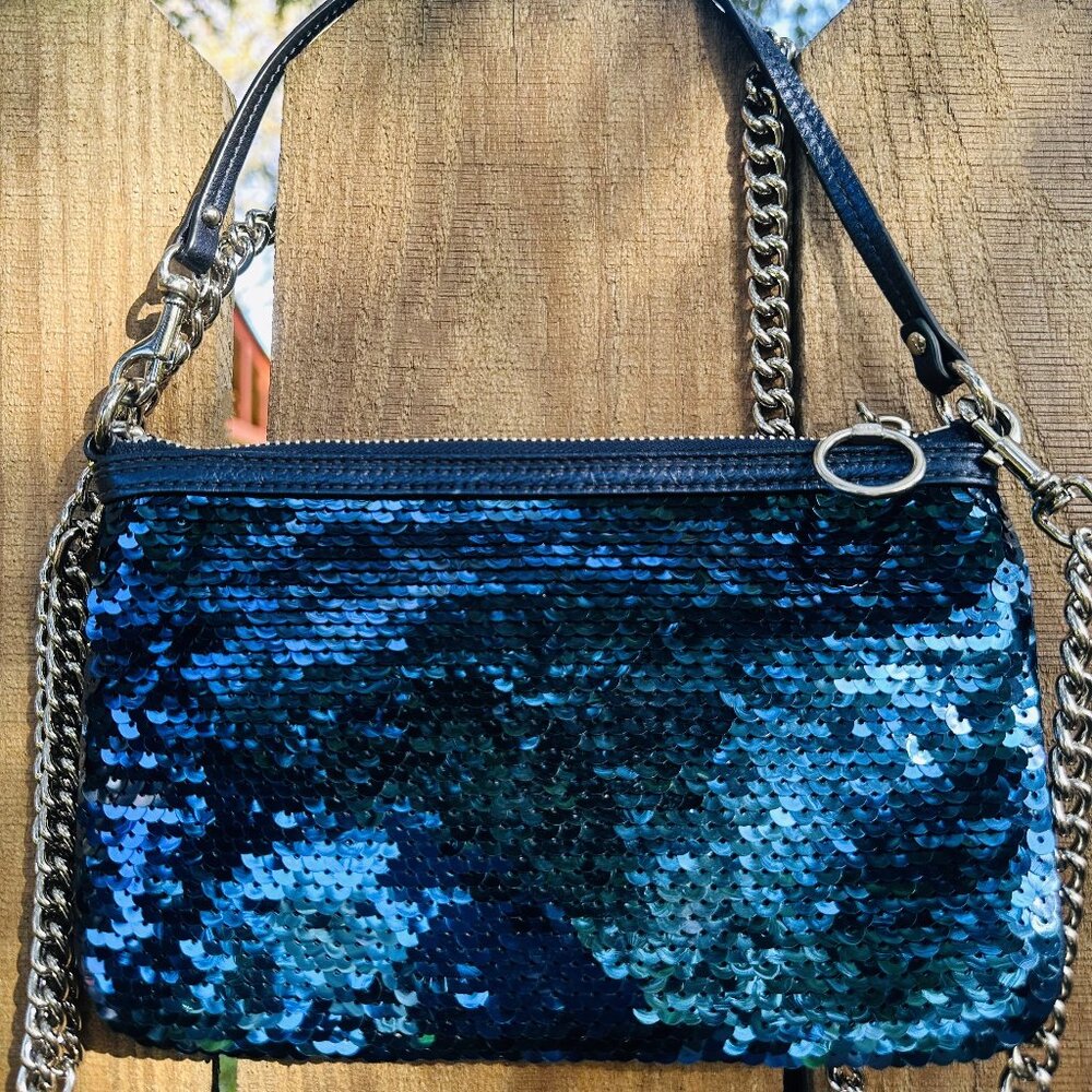 VTG Y2K Coach XL Poppy Sequin Wristlet Sapphire Blue Sparkle Purse Wallet - Picture 2 of 16